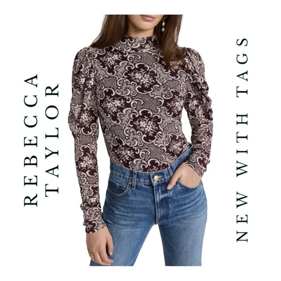 1306. REBECCA TAYLOR ROCHELLE FLEUR RAISIN COMBO DRAPE MOCK NECK TOP SIZE MEDIUM - Picture 1 of 15